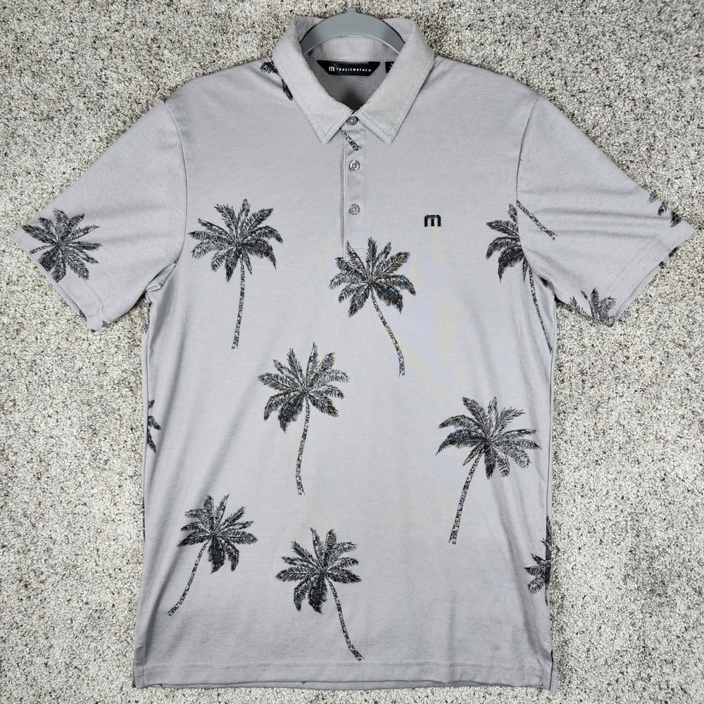 Travis Mathew Polo Shirt Mens Medium Grey Palm Tree Print Excellent